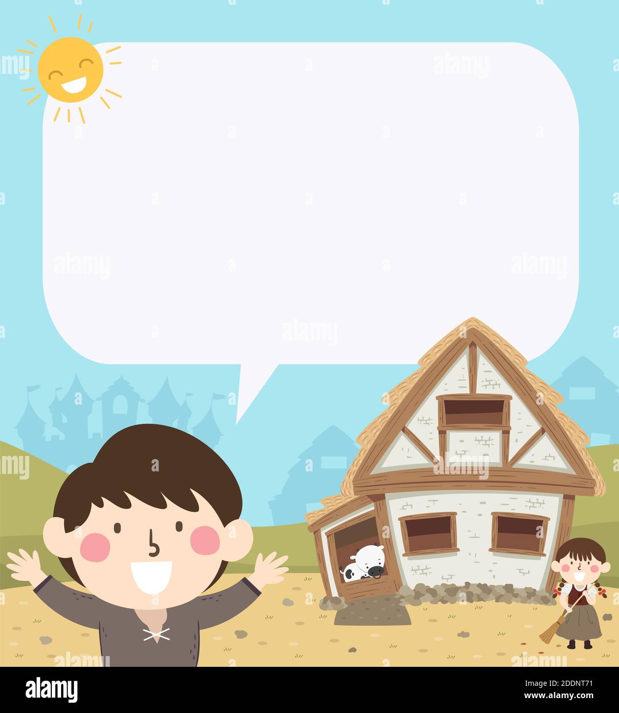 Illustration of a Kid Boy Medieval Peasant Talking with Blank Speech Bubble with a Barn with Cow and a Kid Girl Sweeping Stock Photo