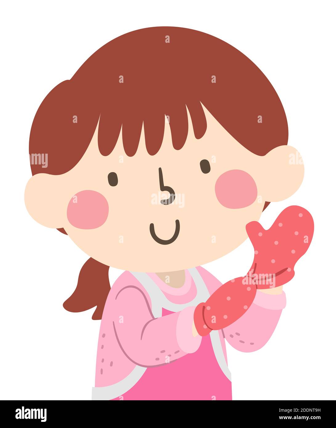 Illustration of a Kid Girl Wearing Apron and Putting on Oven Gloves for Baking Stock Photo