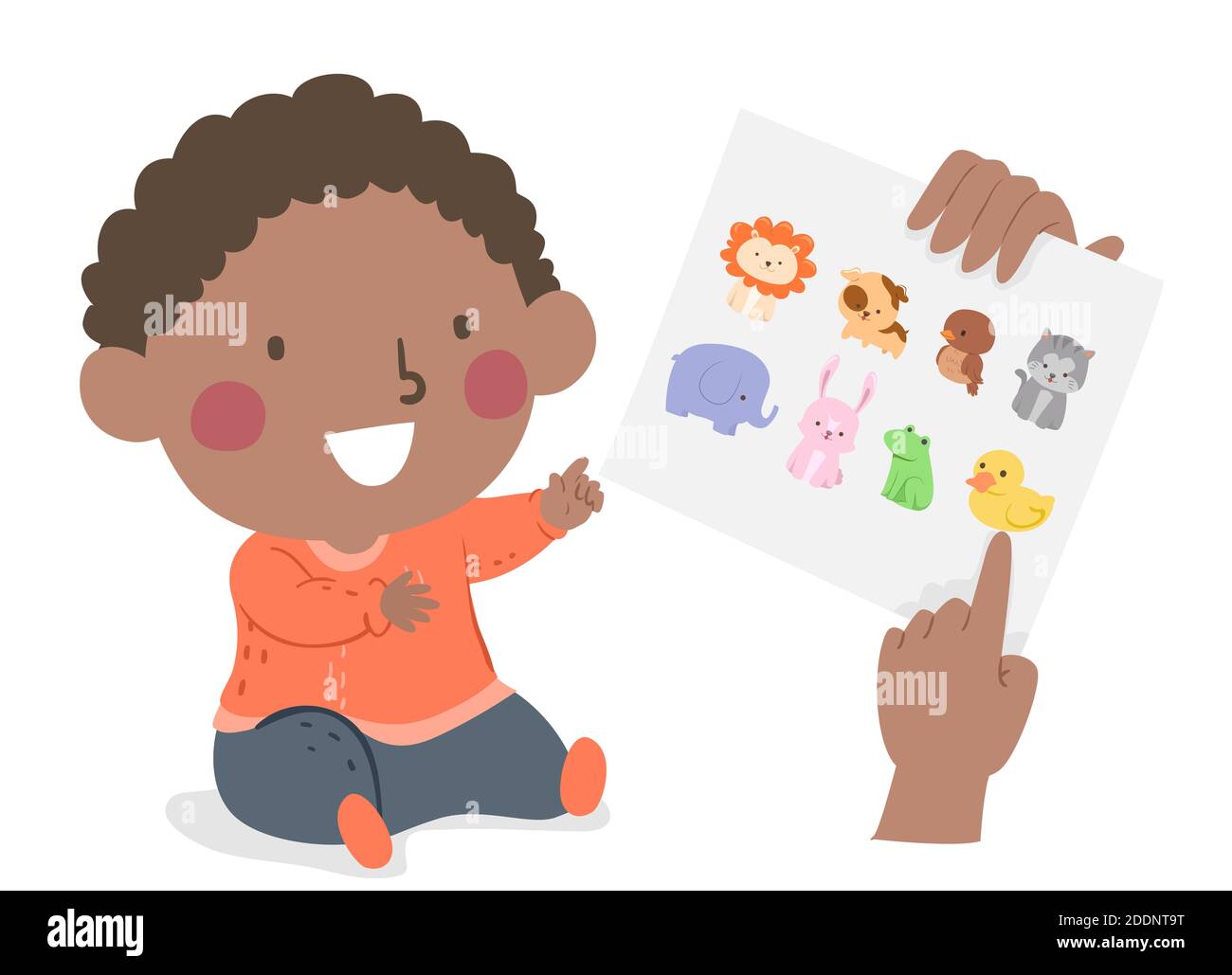 Illustration of a Kid Boy Toddler Learning About Animals with Hands Pointing to Paper with Animals Stock Photo