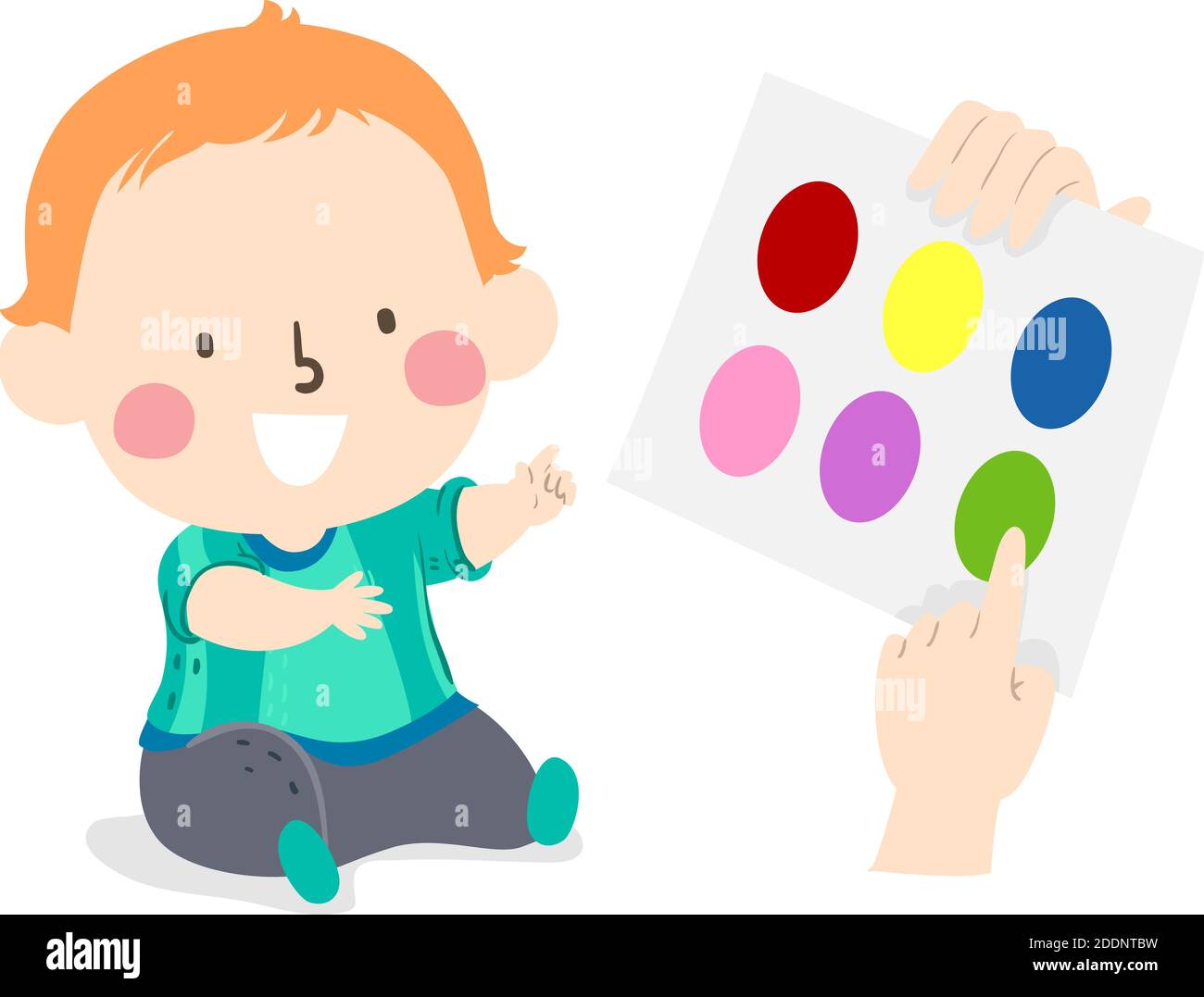 Illustration of a Kid Boy Toddler Learning Colors with Hand Pointing to Paper with Colors Stock Photo
