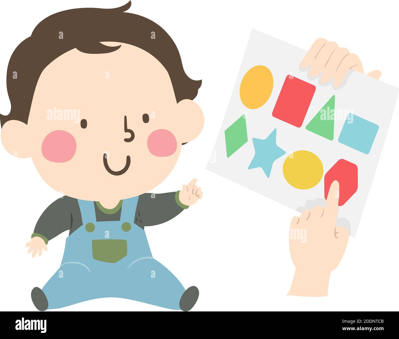 Illustration of a Kid Boy Toddler Learning About Shapes with Hands Pointing on Paper with Shapes Stock Photo