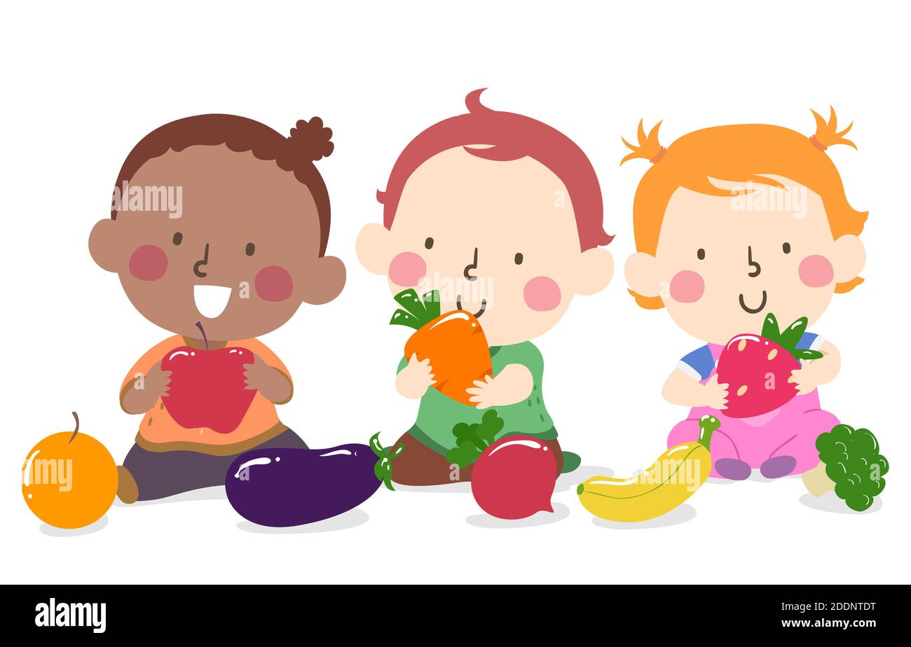 Illustration of Kids Toddlers Sitting Down and Holding Fruits and Vegetables Stock Photo