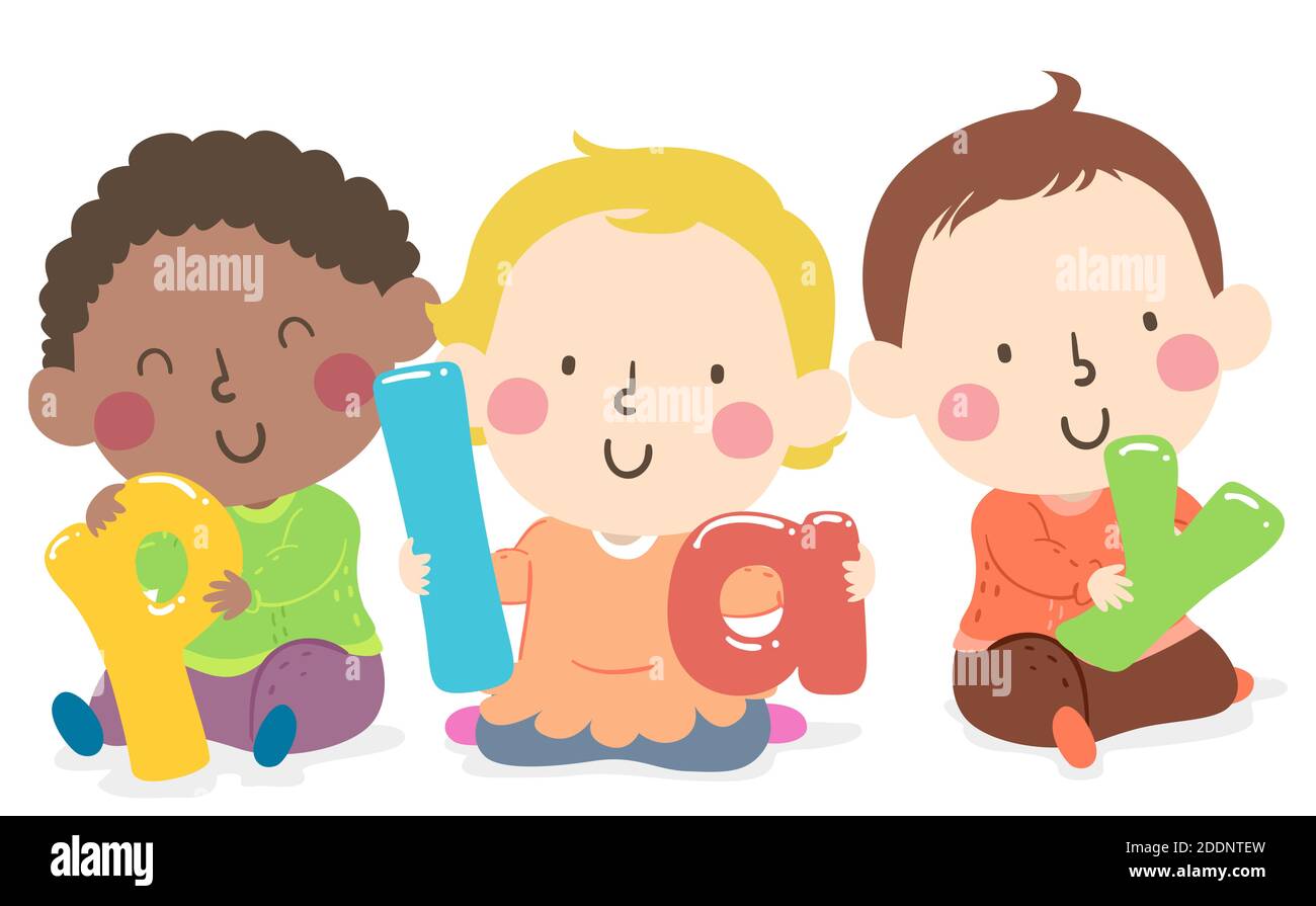 Illustration of Kids Toddlers Holding Letters Spelled as Play Stock Photo