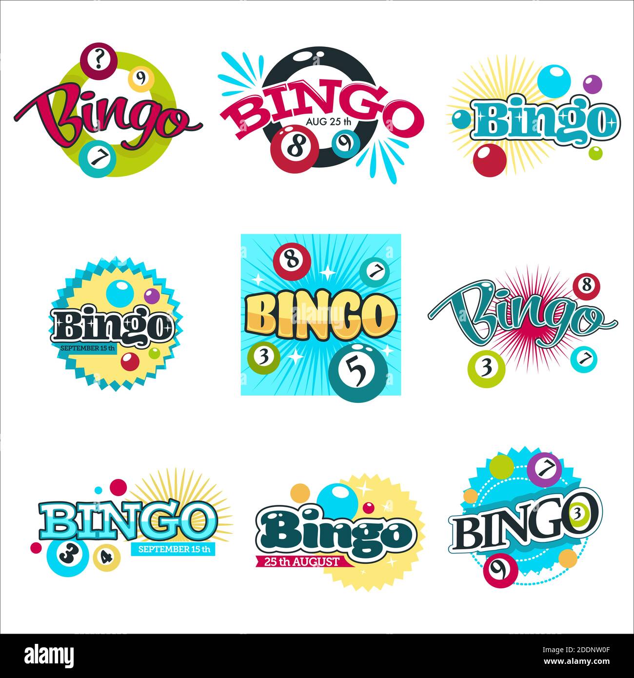 Bingo game isolated icons gambling equipment balls with numbers Stock