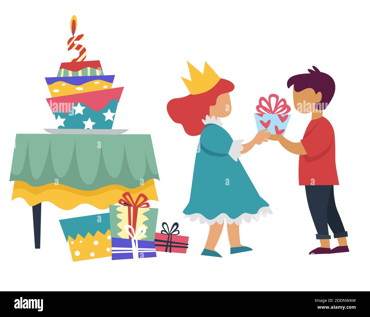 Boy giving present to girl in princess costume Birthday party and cake Stock Vector