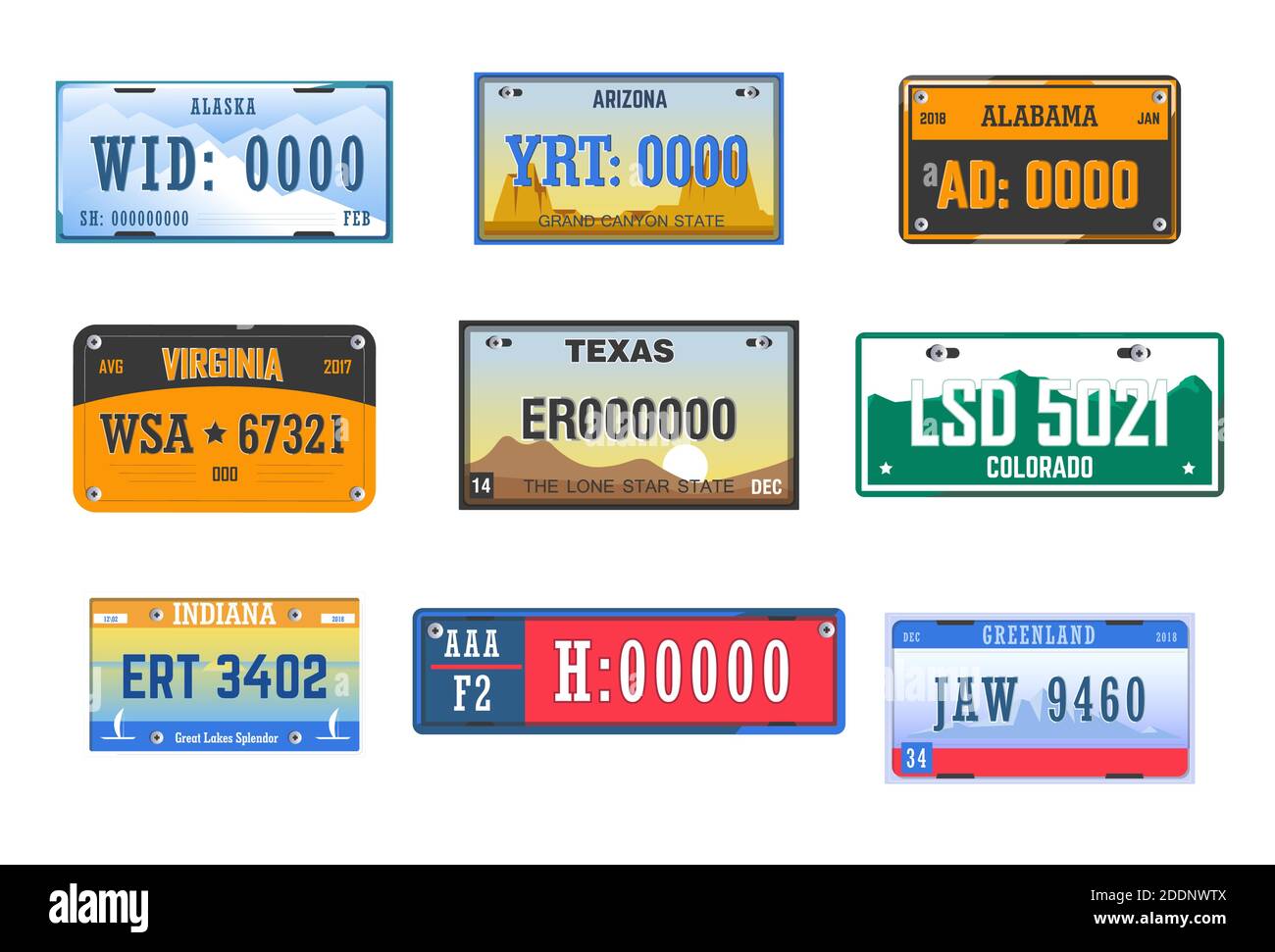 Number plates car license American states isolated icons Stock Vector