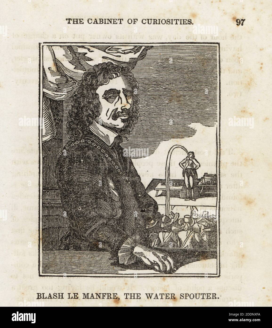 Blasii de Manfre, Blasius Manfredi, the Water Spouter. 17th century Maltese performer who drank water and spouted wine, beer, oil and milk. Magician, puppeteer and juggler, died aged 72 in 1651. Woodcut after Sebastian Janet from The Cabinet of Curiosities, or Wonders of the World Displayed, Henry Piercy, New York, 1836. Stock Photo