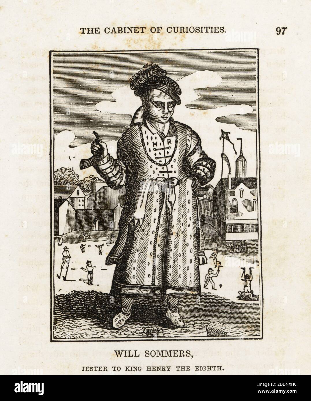 William Sommers, jester to King Henry VIII. Fool or buffoon, died 1560. In feather cap, tunic robe with HR (Henry Rex), holding a horn. Woodcut after an engraving by Francis Delaram from The Cabinet of Curiosities, or Wonders of the World Displayed, Henry Piercy, New York, 1836. Stock Photo