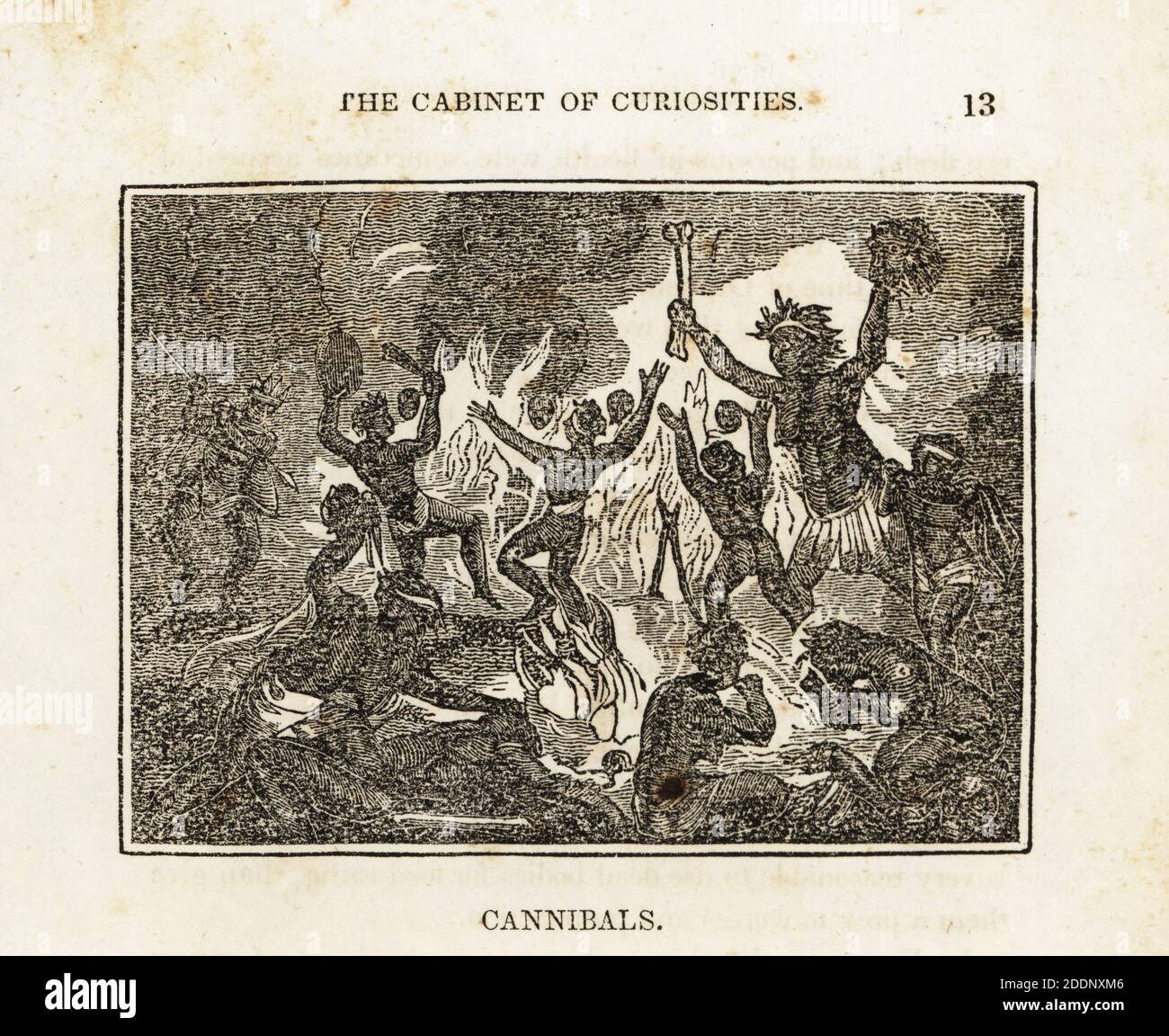 Cannibals dancing around a fire, holding human heads and bones, others gnawing on human flesh. Woodcut from The Cabinet of Curiosities, or Wonders of the World Displayed, Henry Piercy, New York, 1836. Stock Photo
