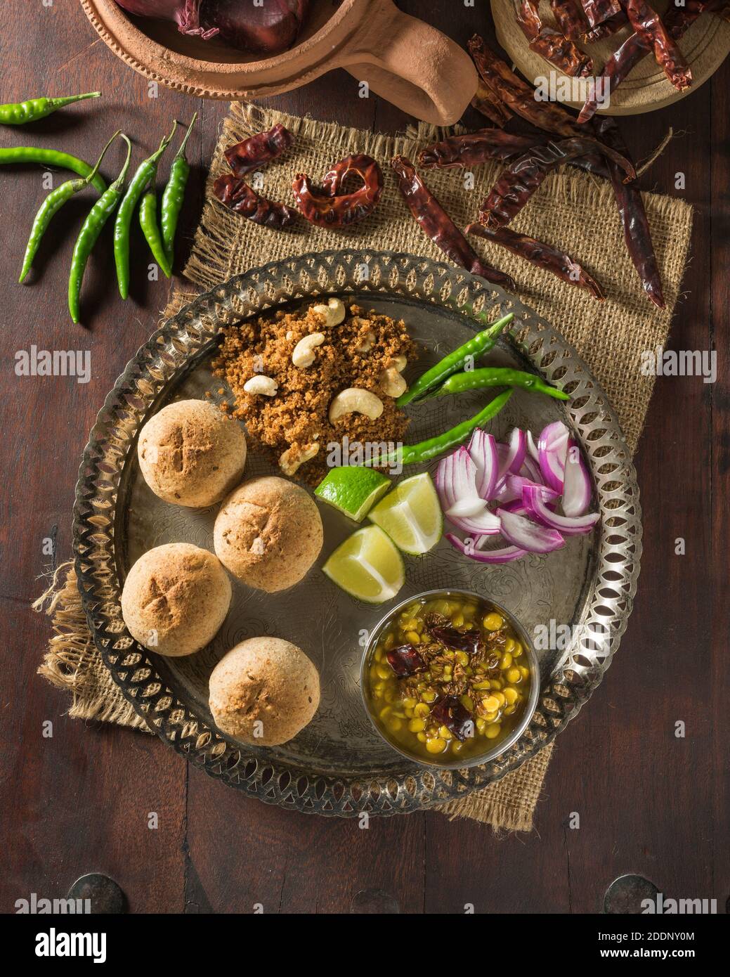Dal bati. Spicy lentils with wheat flour bread rolls. India Food Stock Photo