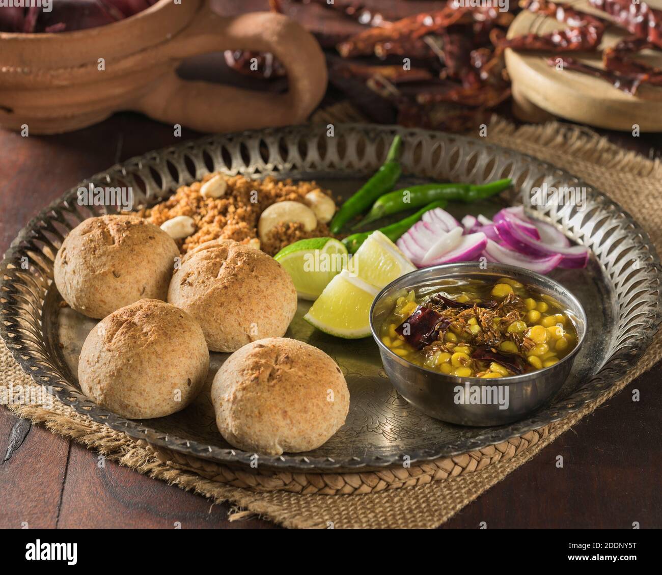 Dal bati. Spicy lentils with wheat flour bread rolls. India Food Stock