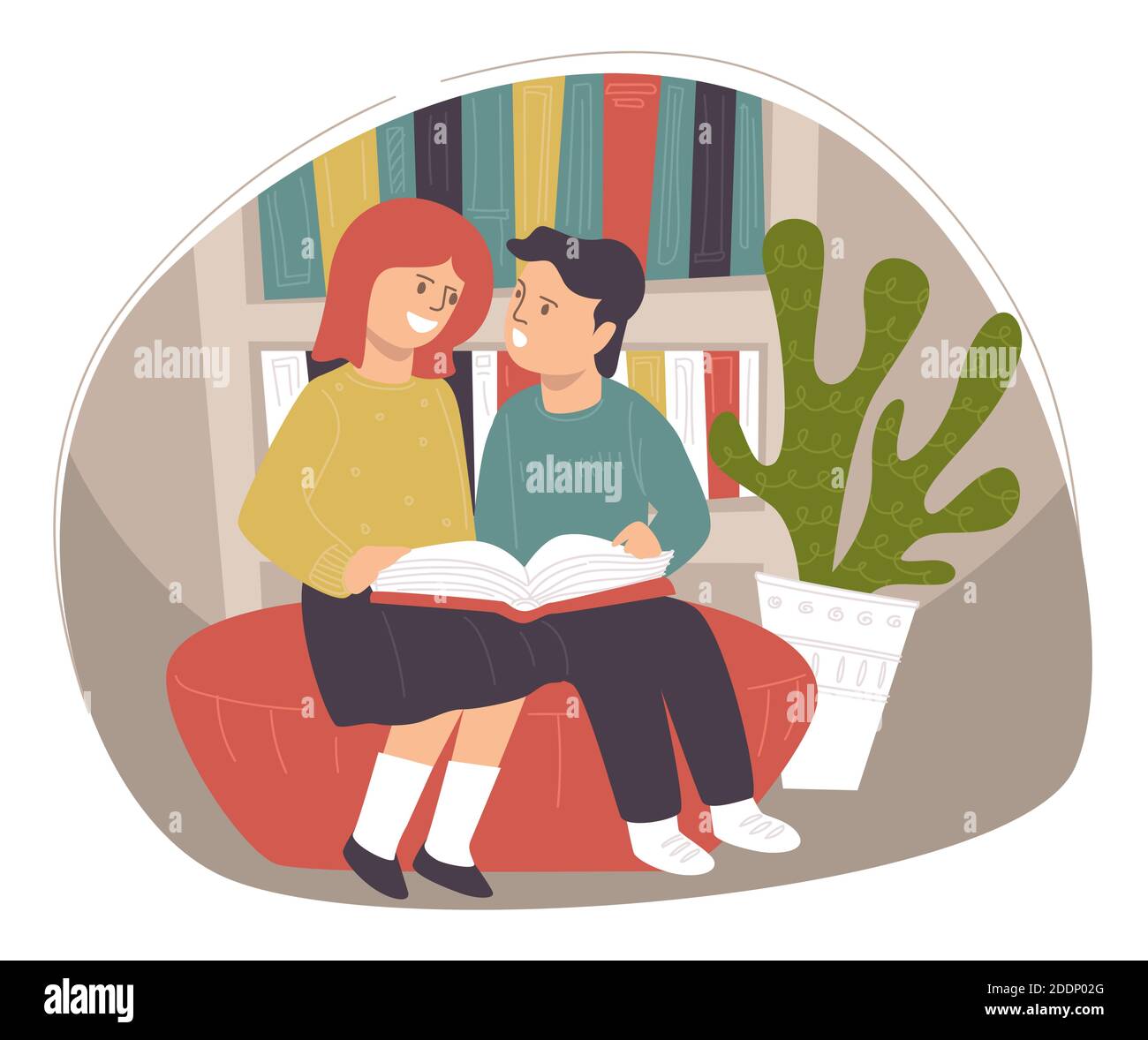 Boy and girl children reading book in library Stock Vector Image & Art ...