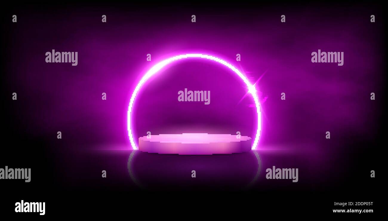 Glowing neon pink circle with sparkles in fog on podium. Abstract round electric light frame on black background. Geometric fashion design vector Stock Vector