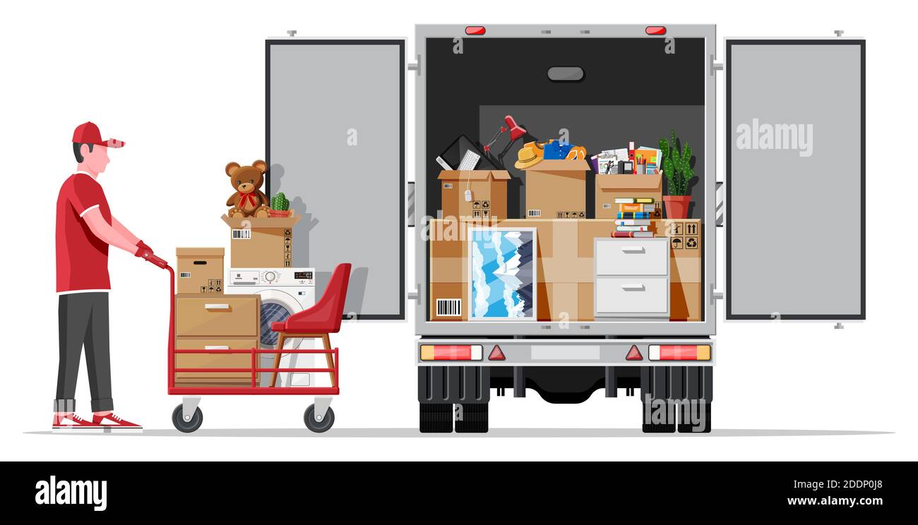 Delivery truck full of home stuff inside. Moving to new house. Family relocated to new home. Boxes with goods. Package transportation. Computer, lamp, clothes, books. Flat vector illustration Stock Vector