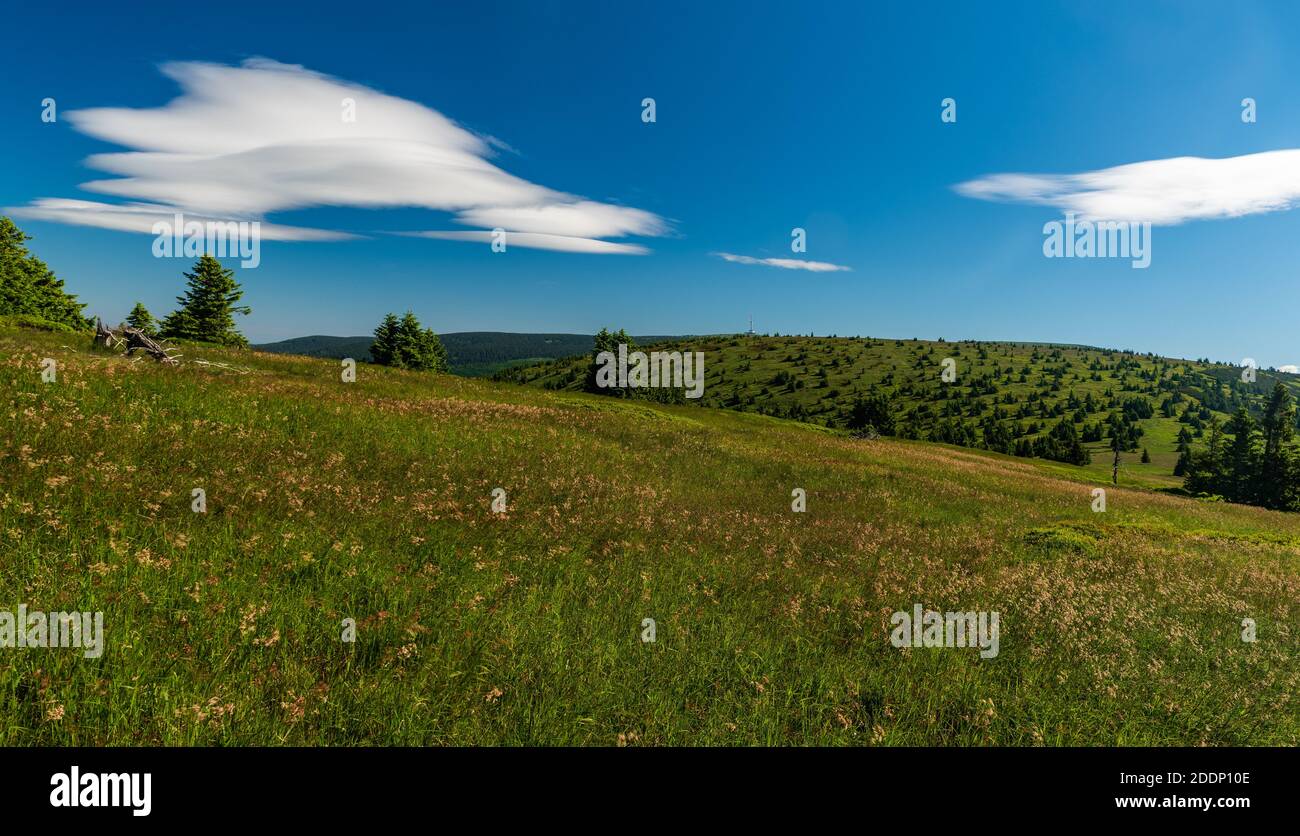 Jeseniky mountains with highest Praded hill from Jeleni hrbet hill near Jeleni studanka in Czech republic Stock Photo