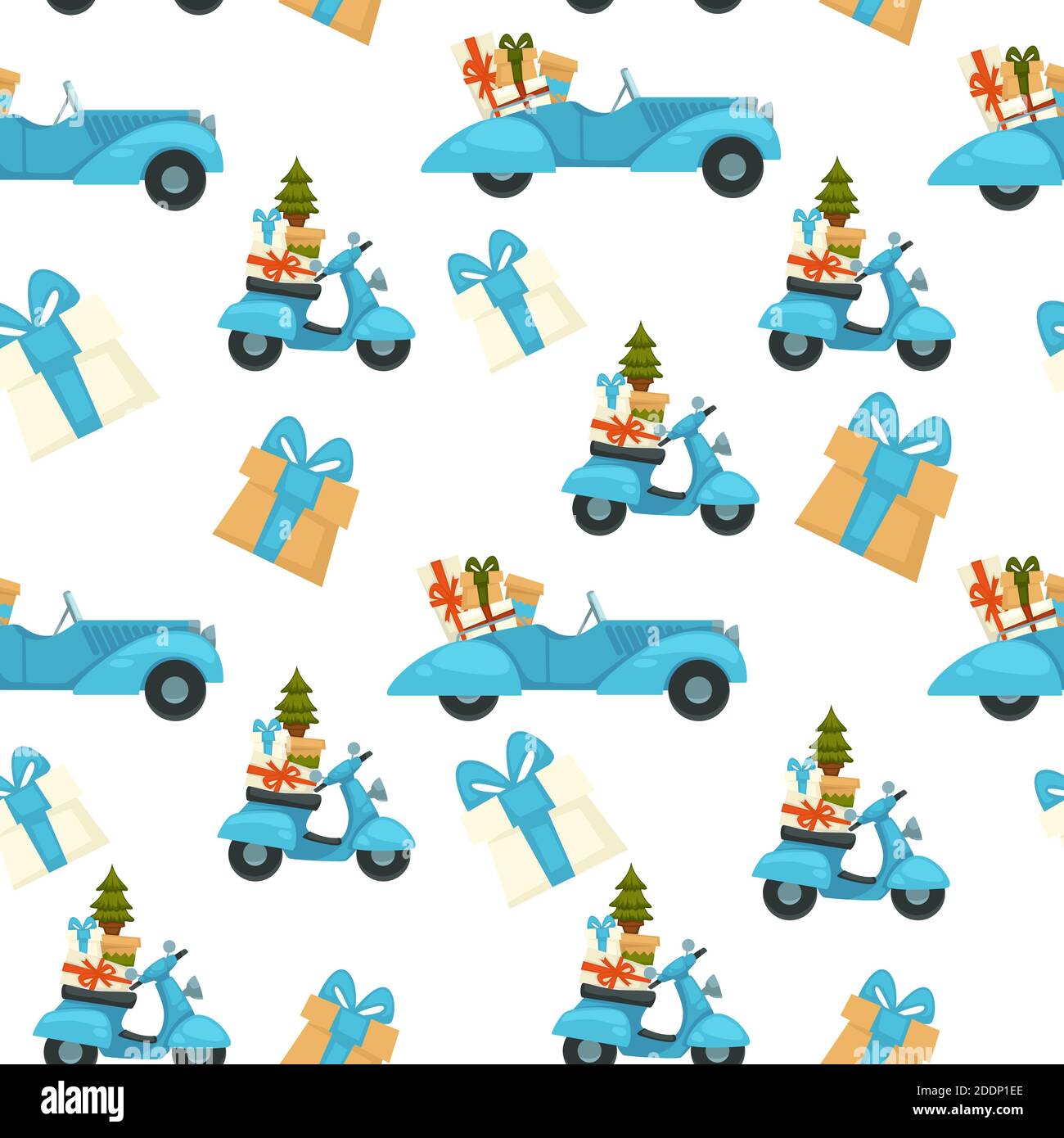 Scooter with pine tree and presents for christmas Stock Vector