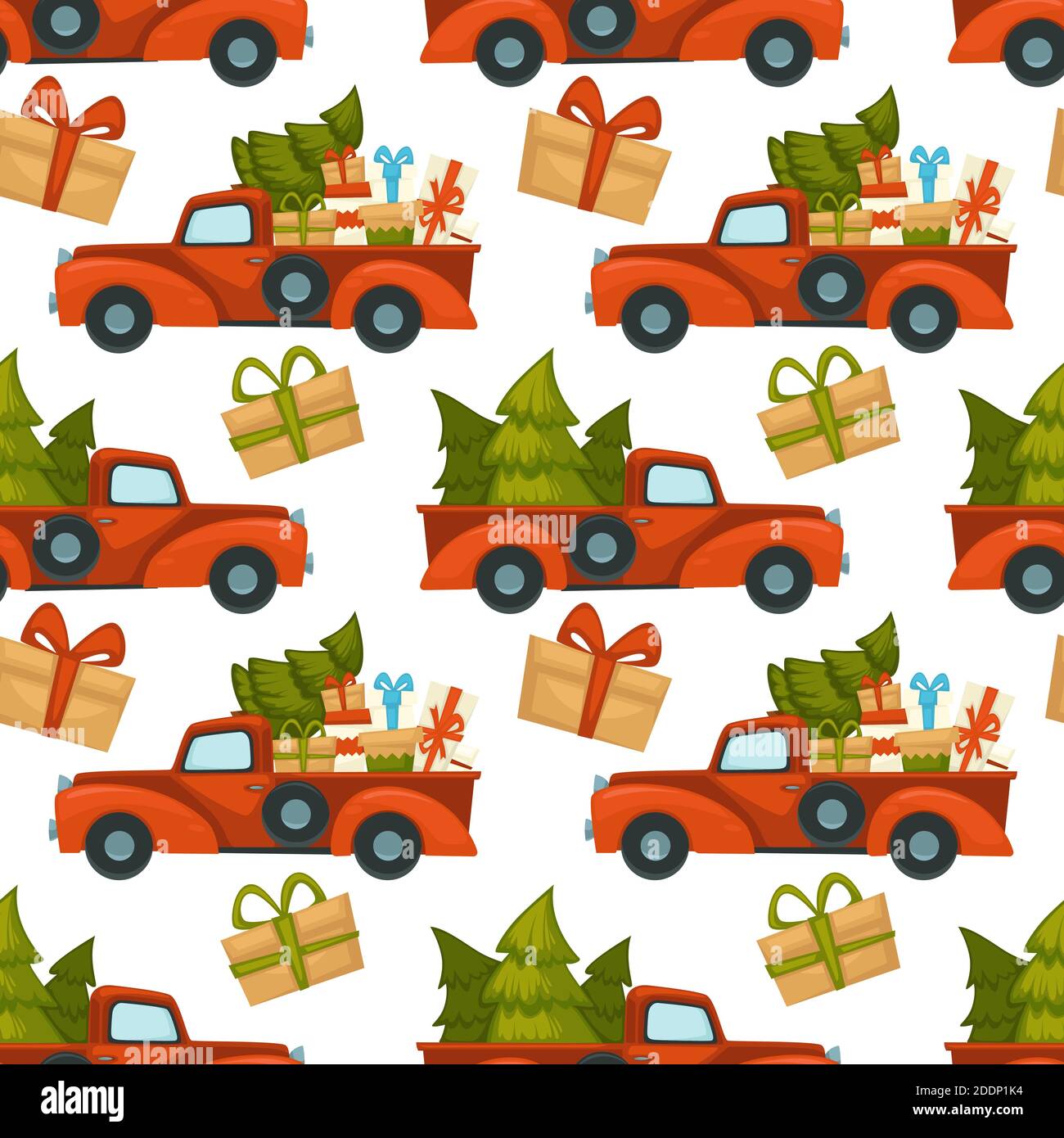 Truck car with pine tree and presents pattern Stock Vector