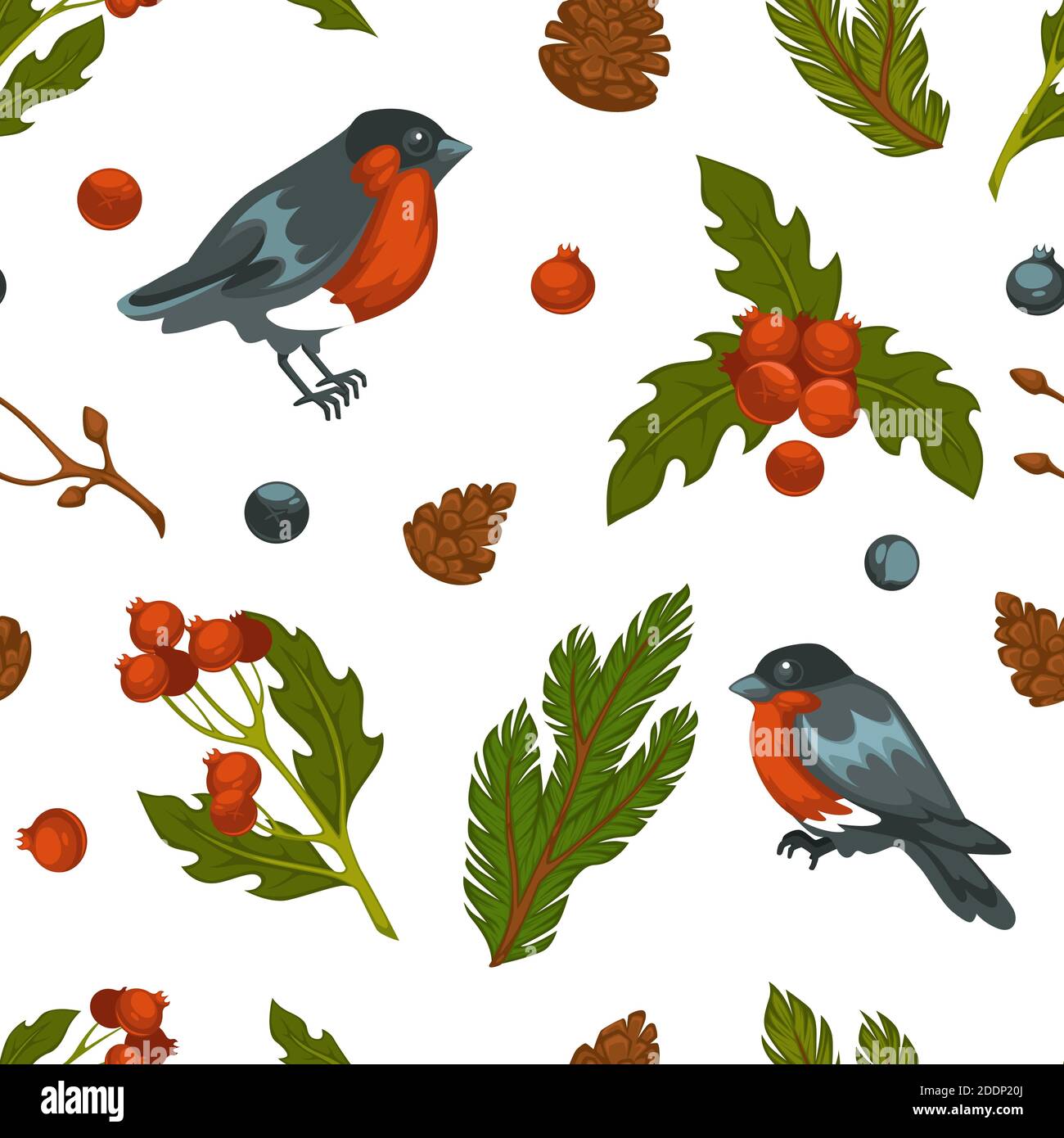 Bullfinch bird and mistletoe seamless pattern Stock Vector