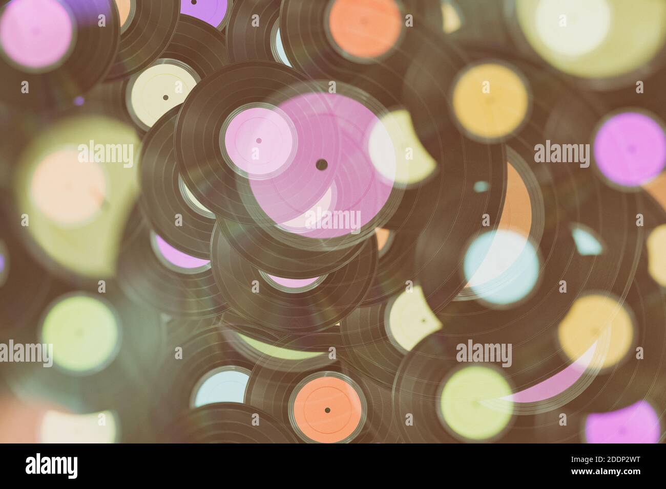 Background with several old vinyl records to play music Stock Photo