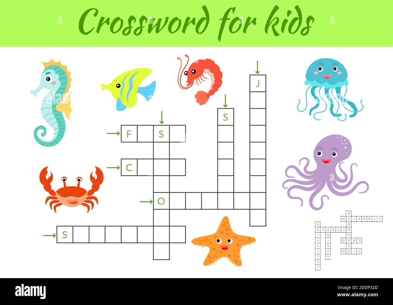 Crosswords game of animals for children with pictures. Kids activity worksheet colorful printable version. Educational game for study English words. I Stock Vector
