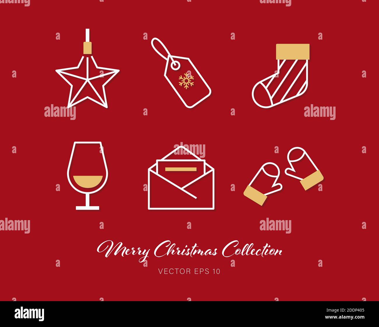 Beautiful Christmas outline flat icon set of 6 designs on red background Stock Vector