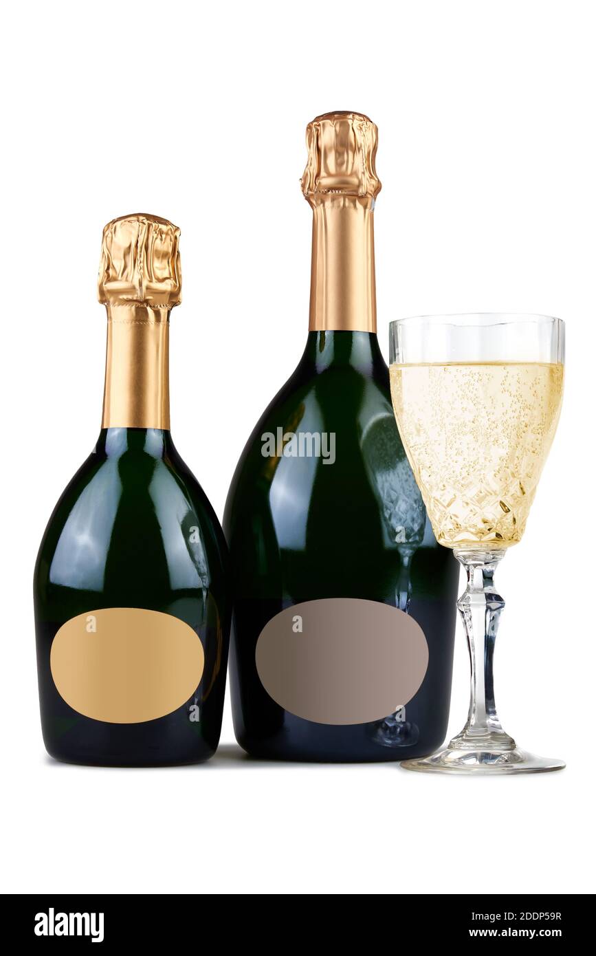 Two different kind of Champagne Bottles and a filled glass. Isolated on white Stock Photo
