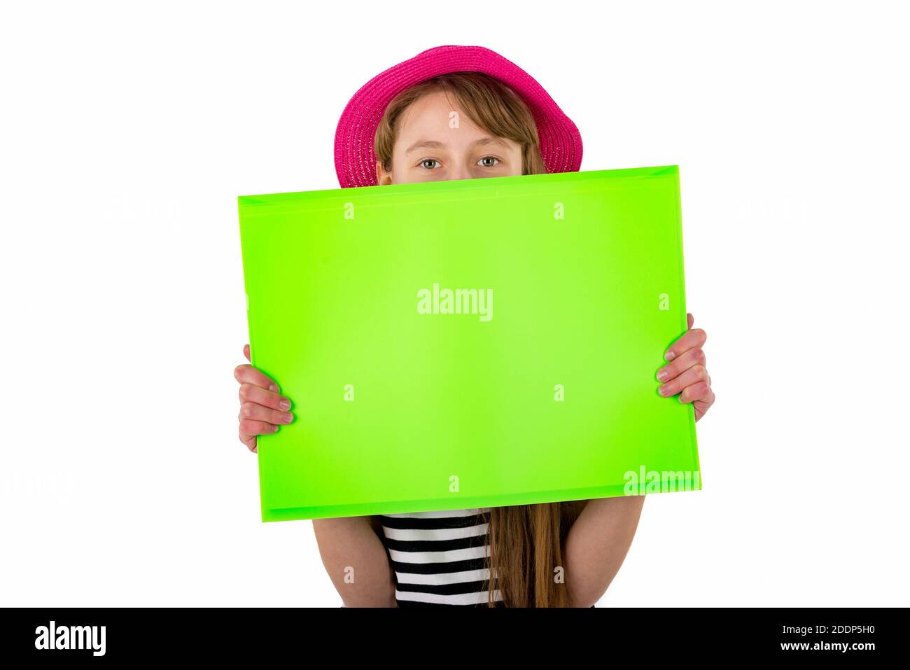 Happy girl child holding and hiding under empty blank paper isolated on ...