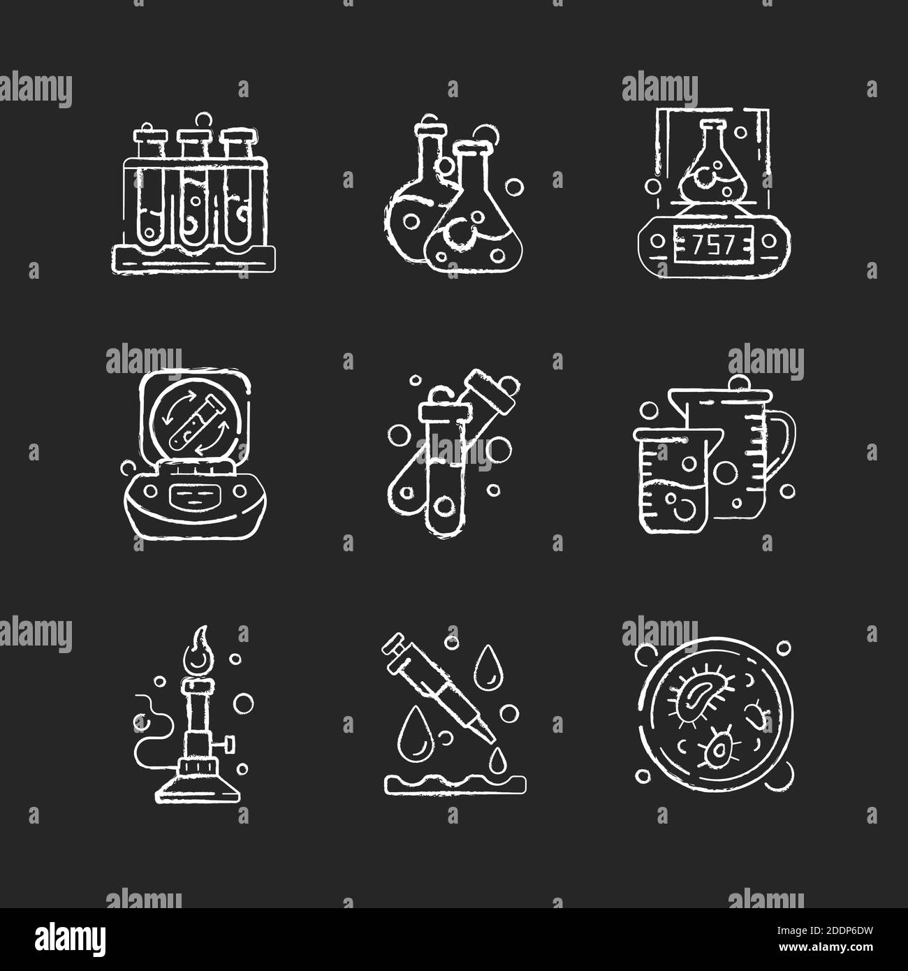 Laboratory equipment chalk white icons set on black background Stock ...