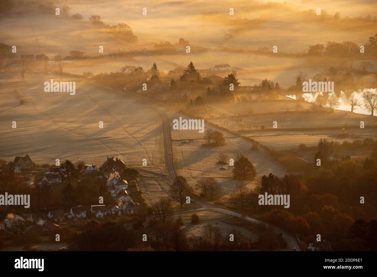 The sun rises over a foggy Worcestershire. Stock Photo