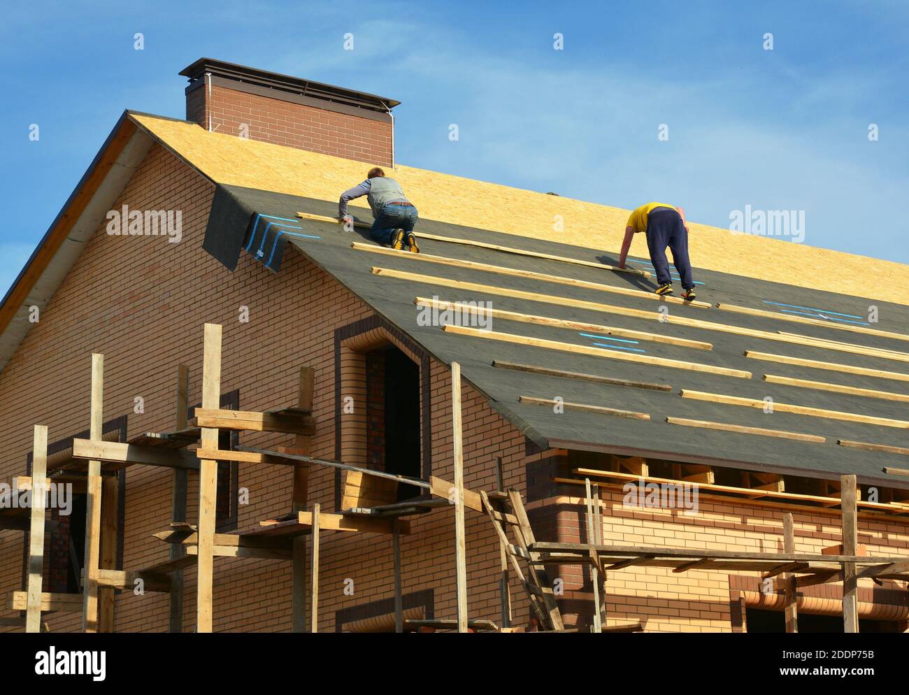 Roofing contractors are installing underlayment, waterproofing membrane on a roof deck, plywood