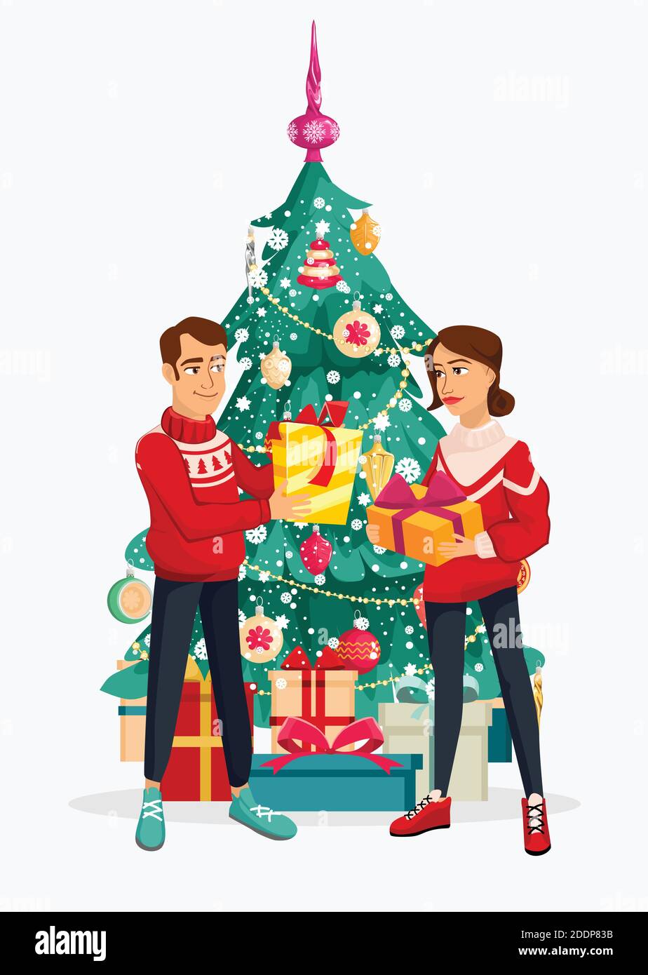 A man and a woman give gifts. Christmas tree with decorations and gift