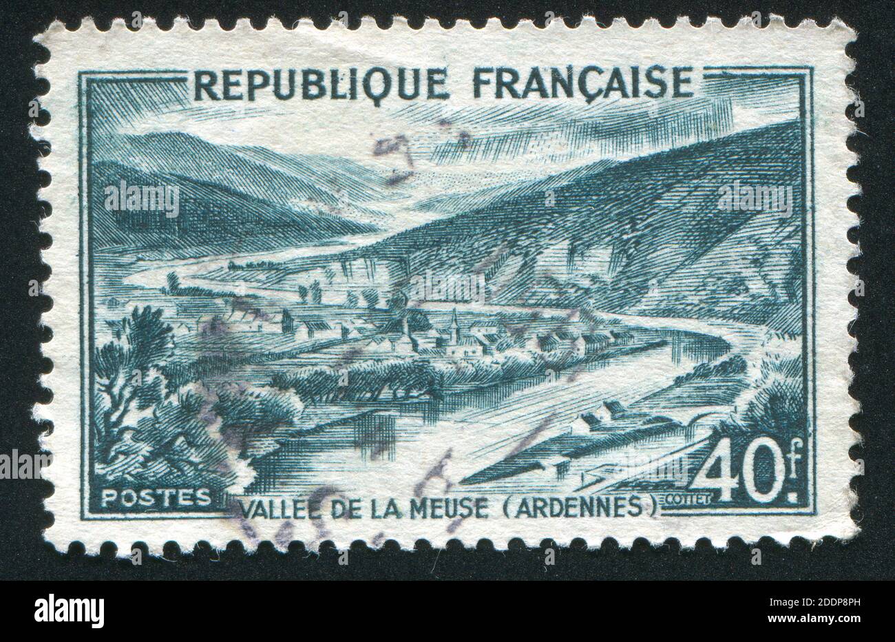 FRANCE - CIRCA 1949: stamp printed by France, shows Meuse Valley, Ardennes, circa 1949 Stock Photo