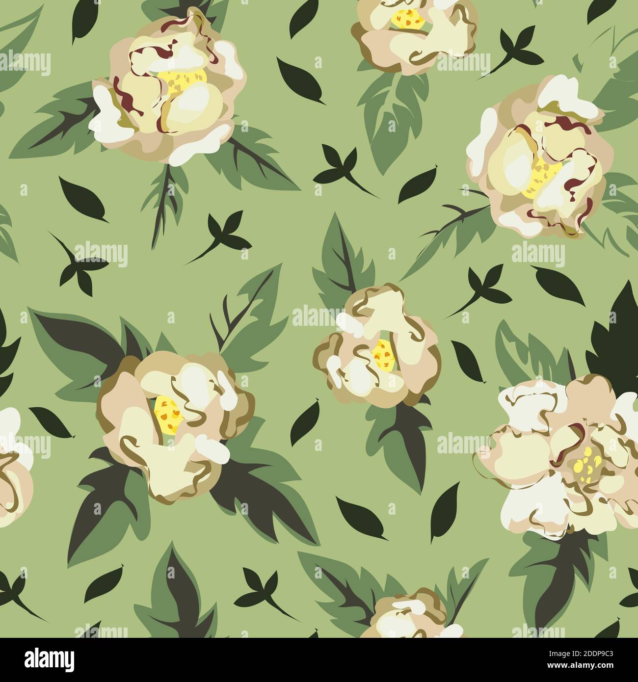 White peony in blossom green seamless pattern Stock Vector