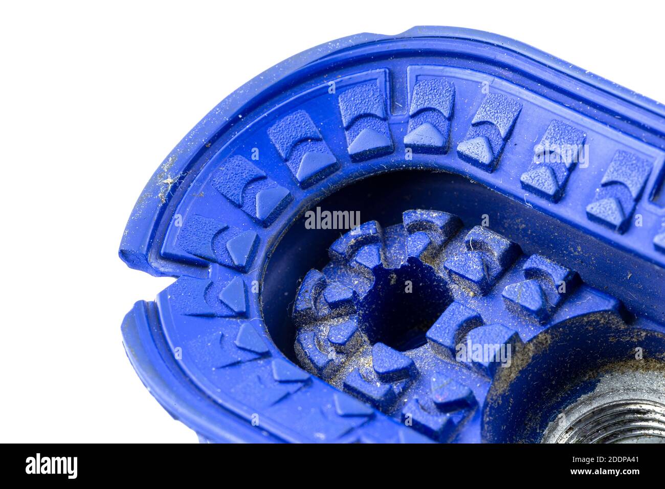 Macro shot of a old, blue bellows suction cup used in the robotic industry, isolated on a white background. Stock Photo