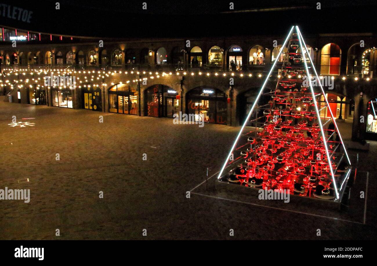 The Terrarium Tree lit at night in Coal Drops Yard.King's Cross, London