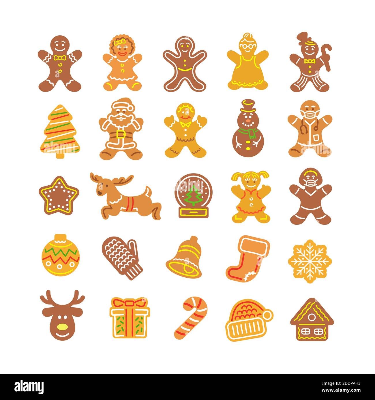 Christmas gingerbread cookies collection. Simple flat vector icons of baked gingerbread men, girl, Santa Claus, deer, snowflake, snowman, present, mit Stock Vector