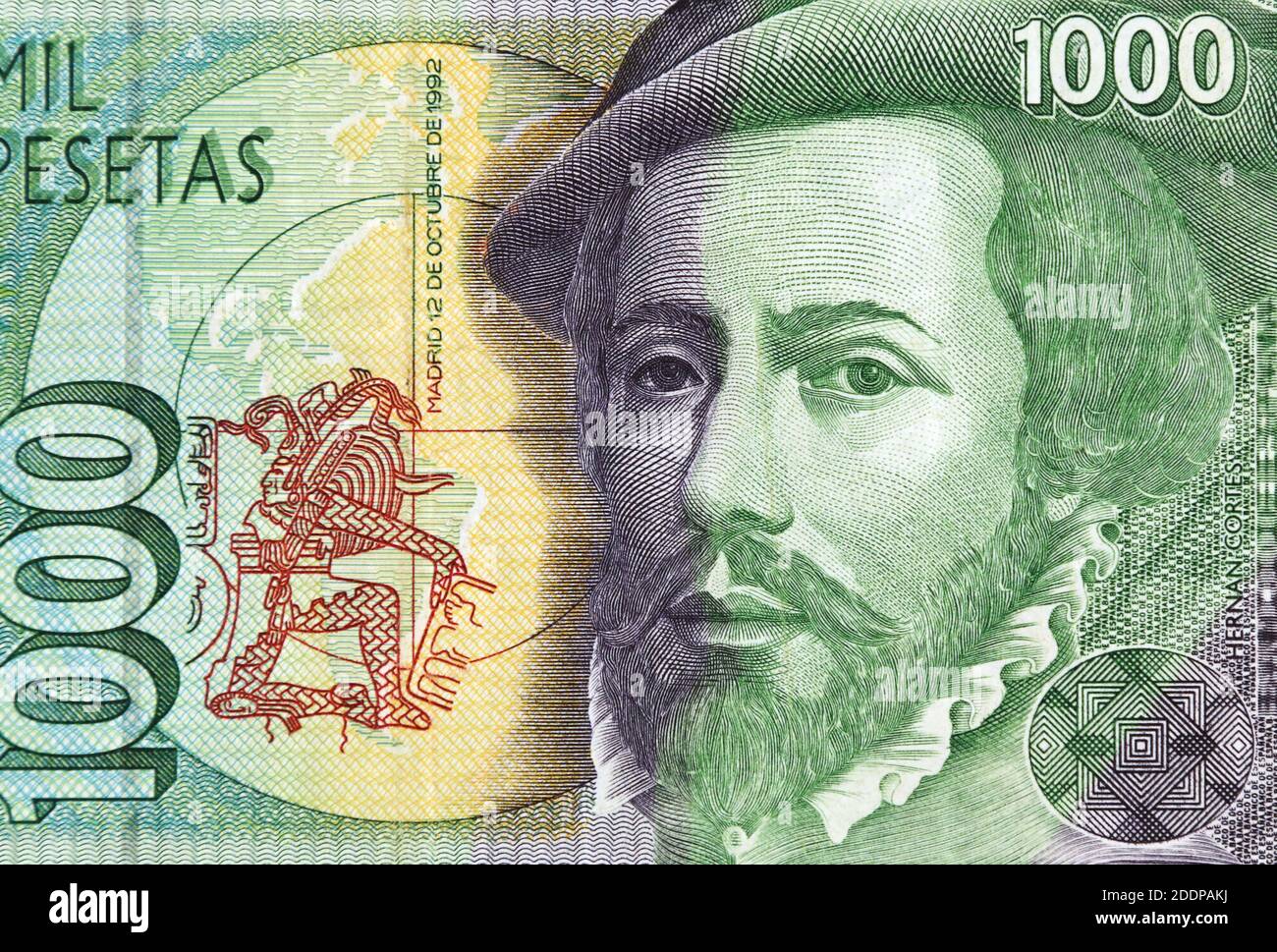 Bank of Spain 1992, 1000 pesetas banknote Hernan Cortes, vintage collectible- detail of the portrait Stock Photo