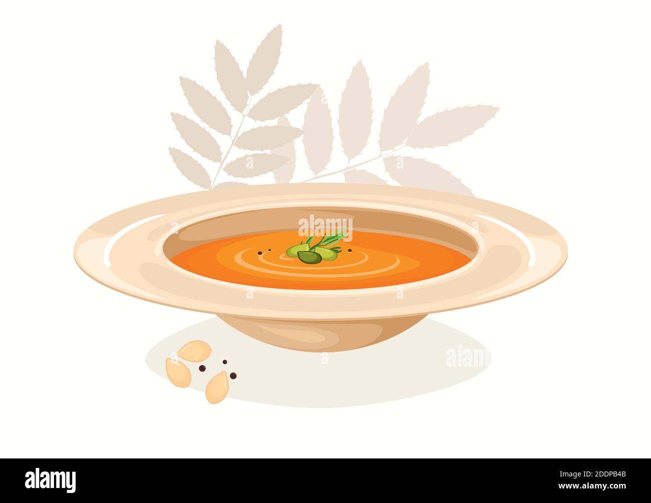 Pumpkin soup, with autumn leaves, vector illustration on a white background Stock Vector