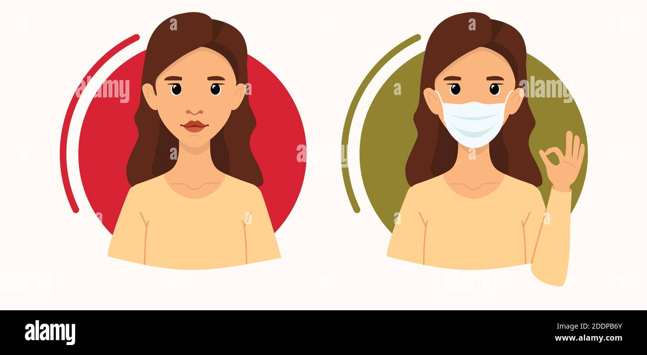 A woman with and without a medical mask. Attention, entrance only with a mask. Entry without a mask is not allowed.Red and green background. Permitted Stock Vector