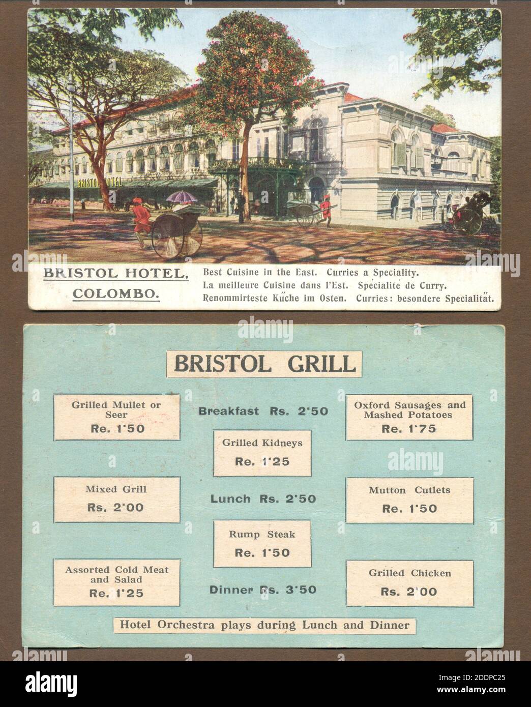 Advertising postcard and tariff for Bristol Hotel, Colombo, Ceylon (Sri Lanka) circa 1904 Stock Photo