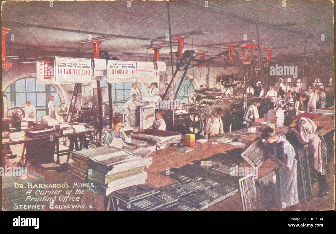 Postcard Dr Barnardo's homes.   A corner of the Printing Office, Stepney Causeway, London East. 1904 Stock Photo