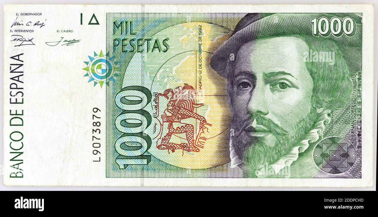Bank of Spain 1992, 1000 pesetas banknote Hernan Cortes, vintage collectible Stock Photo