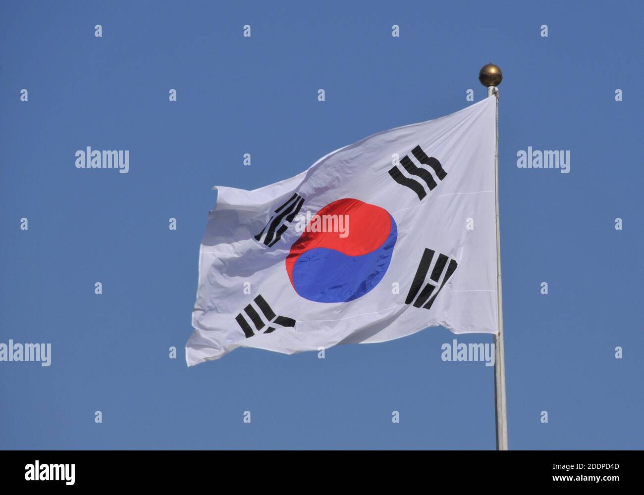 South Korean flag in blue sky, Seoul, South Korea Stock Photo