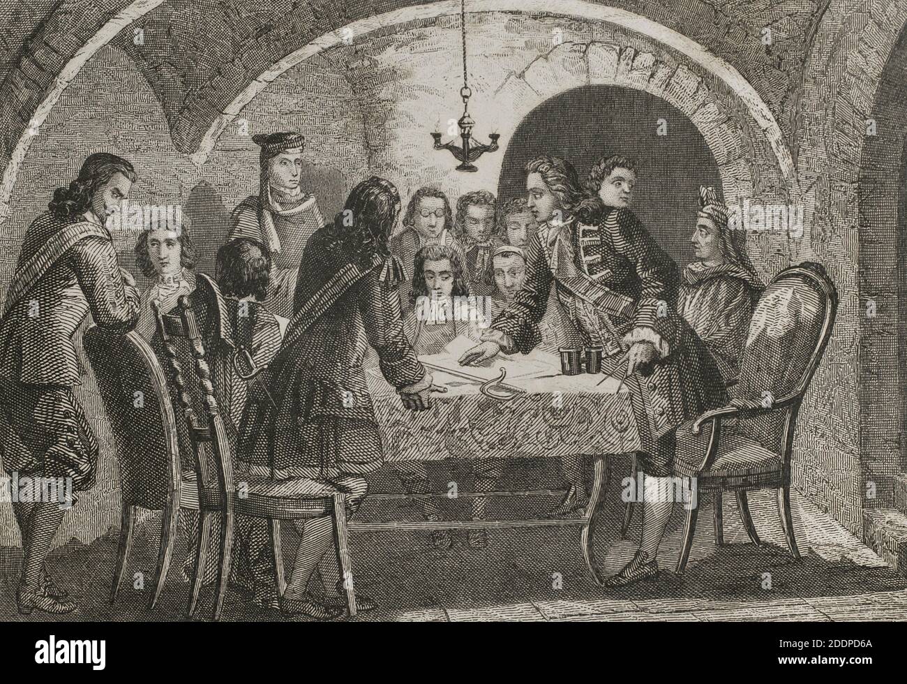 Guerra de Sucesión Española. Sitio de Barcelona por las tropas bórbonicas de Felipe V (1714). Junta de gobierno de la veinticuatrena. Los miembros de la junta de los veinticuatro dependían del Consejo de Ciento de Barcelona y tomaban decisiones para la defensa de la ciudad. En febrero de 1714 la Generalitat transfirió todos los poderes militares al Consejo de Ciento. Una sesión de la Veinticuatrena de Guerra durante el sitio de Barcelona. Ilustración por Urrabieta. Historia de Cataluña y de la Corona de Aragón, por Victor Balaguer. Barcelona,1863. Stock Photo