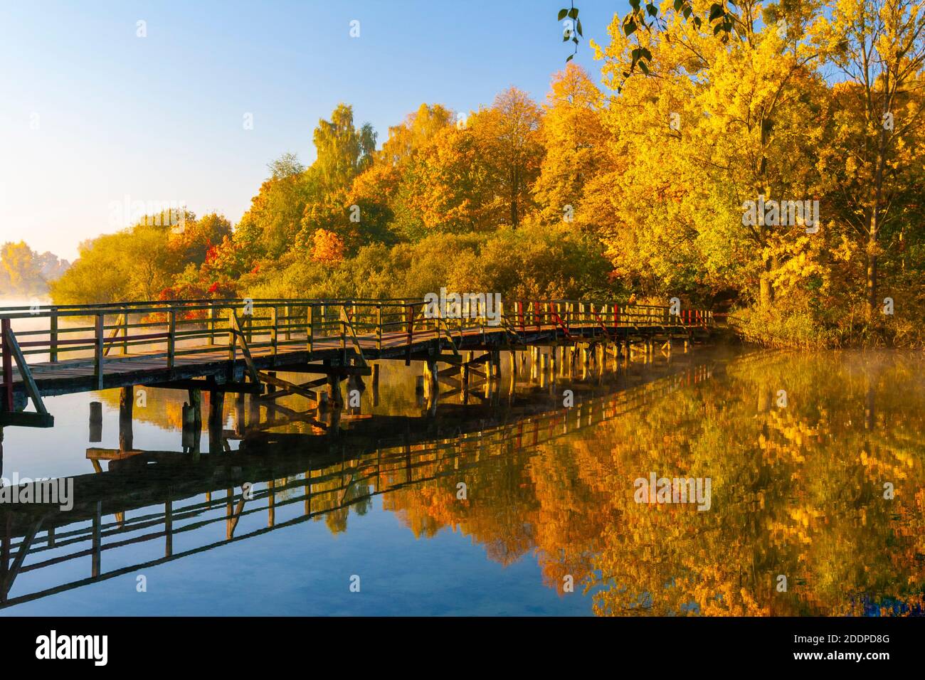 Olsztyn, a wooden footbridge on Lake Dlugi, Poland Stock Photo