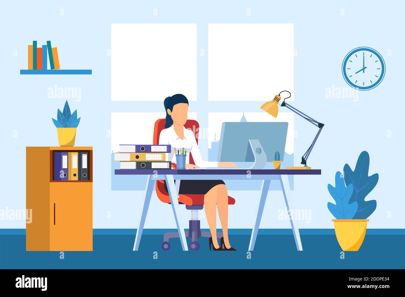 Businesswoman office desk in front Stock Vector Images - Alamy
