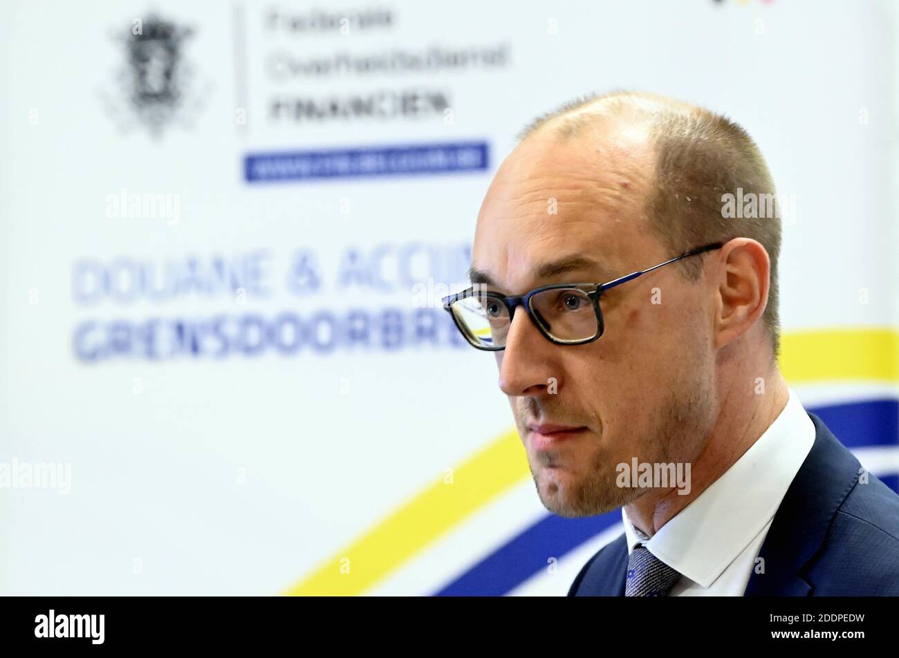 Vice-prime minister and Finance Minister Vincent Van Peteghem pictured at a press meeting regarding the fight against counterfeit consumer goods and e Stock Photo