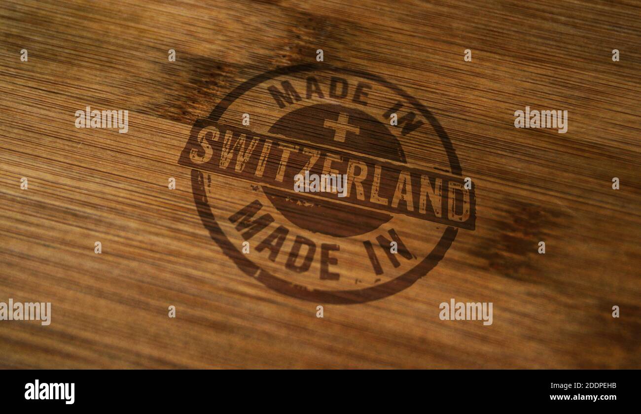 Made in Switzerland stamp printed on wooden box. Factory, manufacturing and  production country concept Stock Photo - Alamy