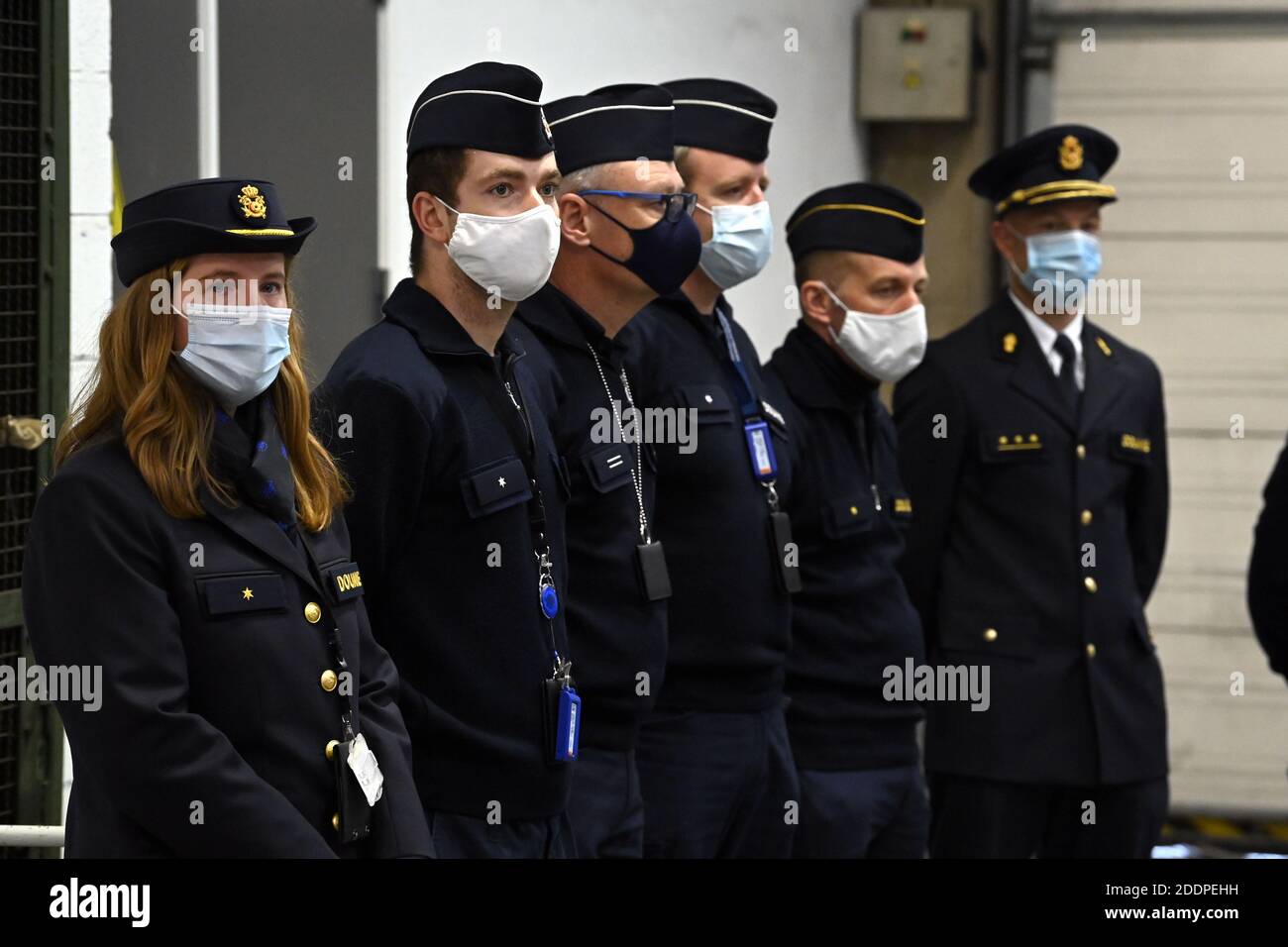 Workers of the customs pictured at a press meeting regarding the fight against counterfeit consumer goods and e-commerce, Thursday 26 November 2020 in Stock Photo