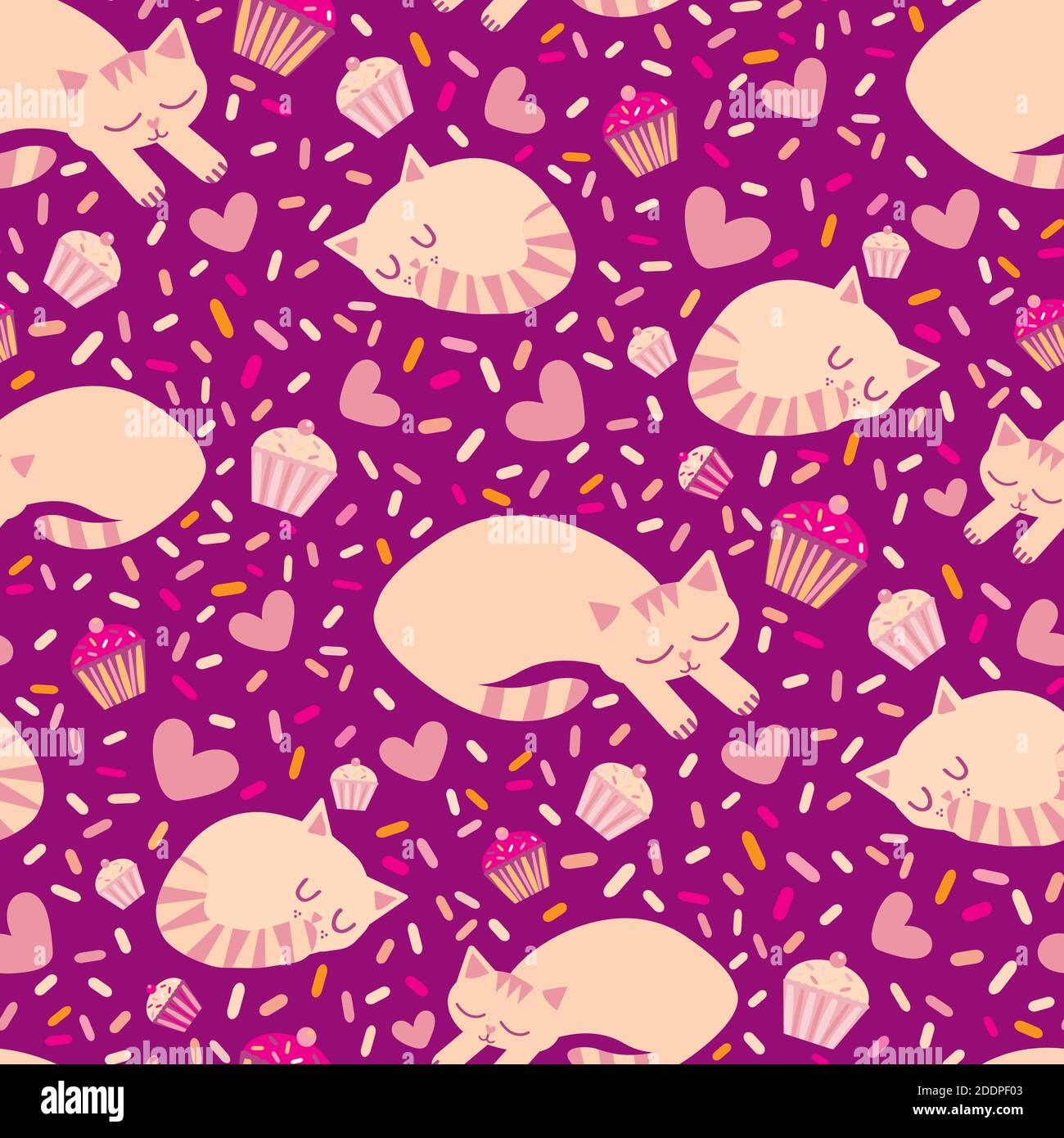 Cute sleeping kawaii cats with cupcakes, sprinkles, hearts. Vector seamless pattern background. Pink backdrop with stretching, curled up cartoon Stock Vector